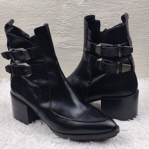Zara Trafaluc Black Leather Two Buckle Pointed-Toe Blocked Heel Moto Ankle Boot